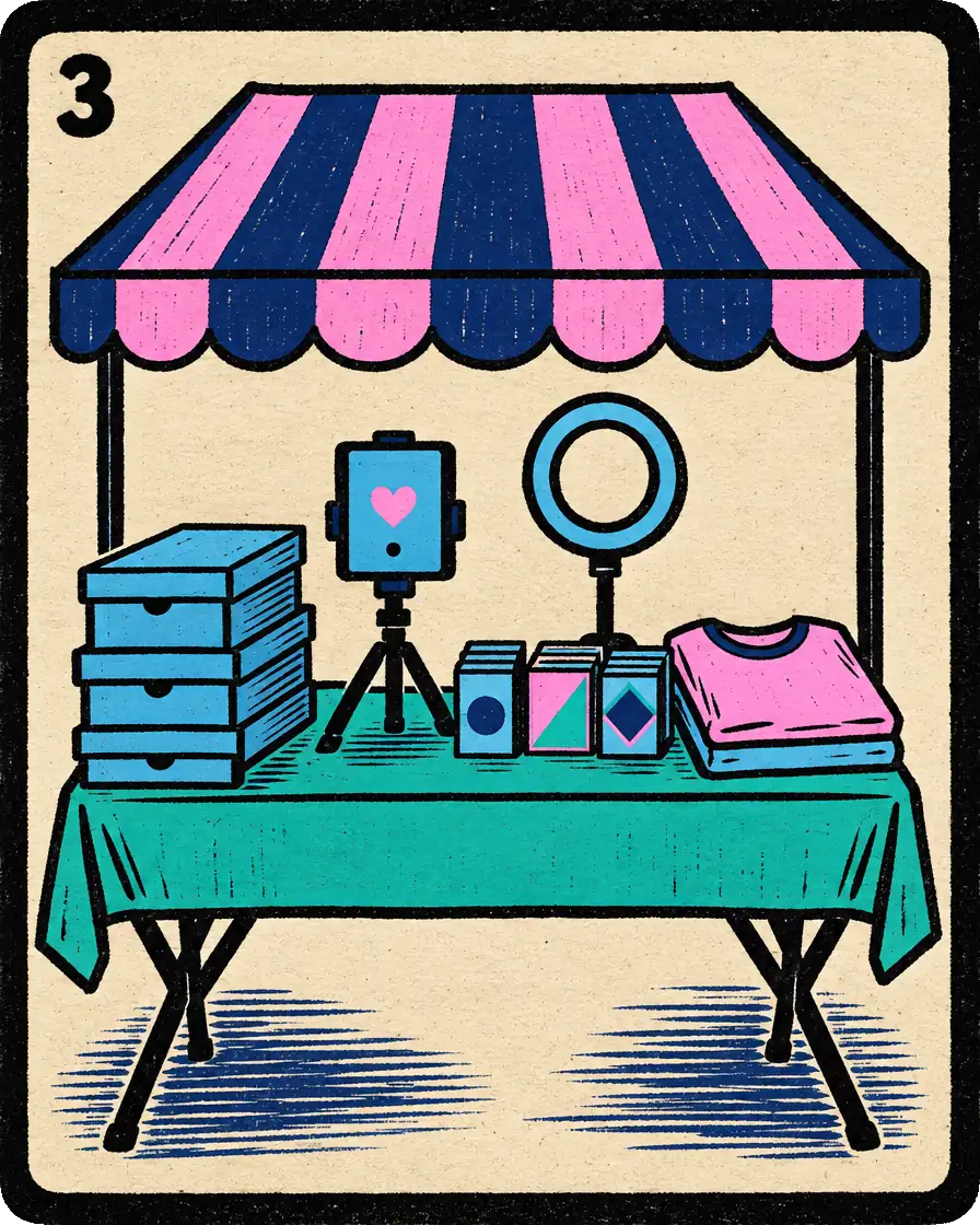 Ilustración estilo lotería, carta 3, el primer show: una mesa de tianguis con un celular en tripié, un aro de luz, cajas y ropa doblada.