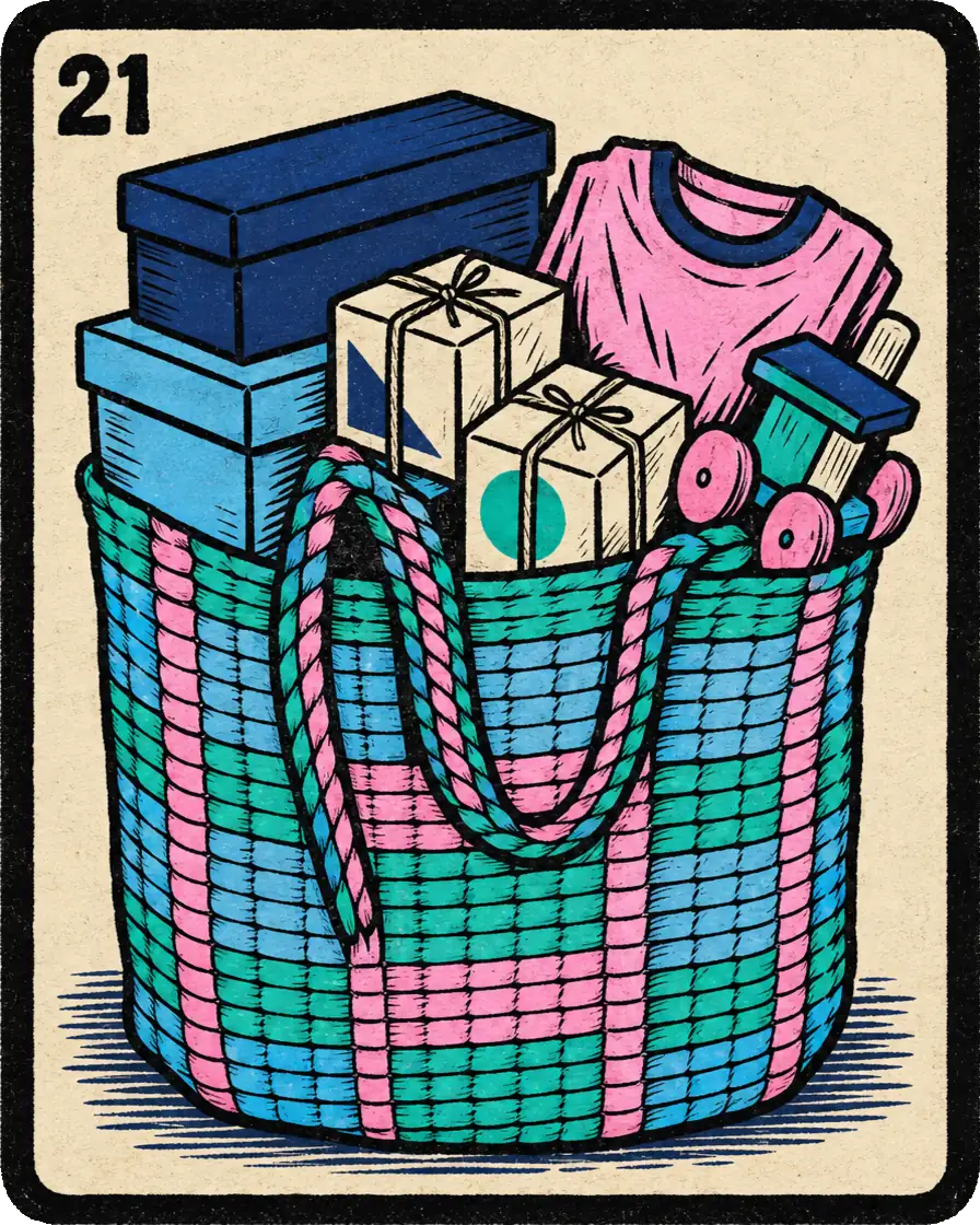 Ilustración estilo lotería, carta 21, la mercancía: una bolsa de mandado tejida llena de cajas, una playera y un juguete de madera.