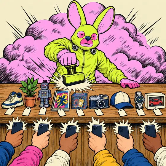 El Conejo sella el precio; tenis, planta, juguete, cómic y cámara esperan mientras varias manos con teléfono se lanzan.