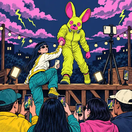 Ilustración: El Conejo sube a una compradora a su escenario mientras dos teléfonos transmiten y el público graba.