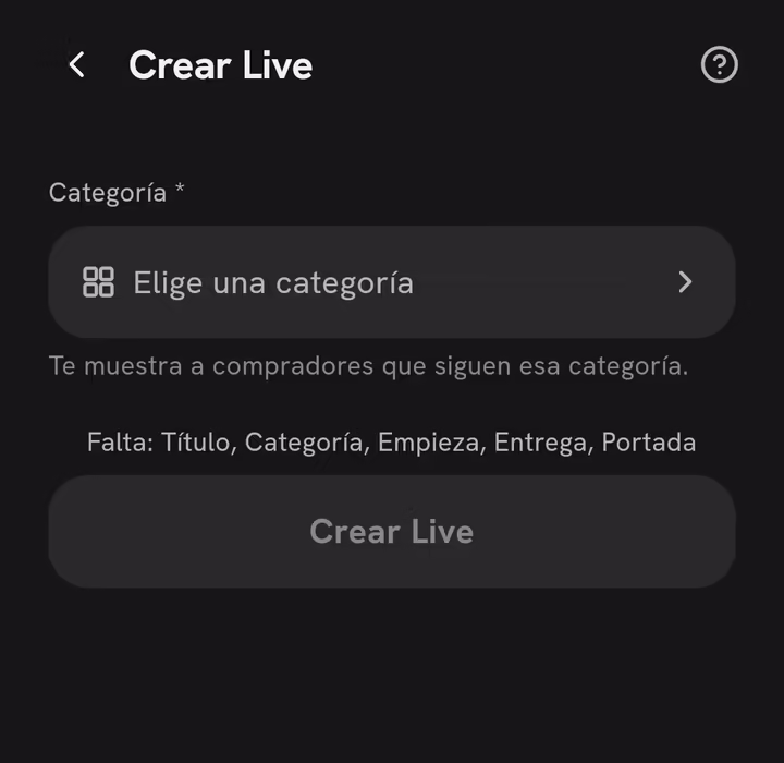 Pantalla Crear Live
