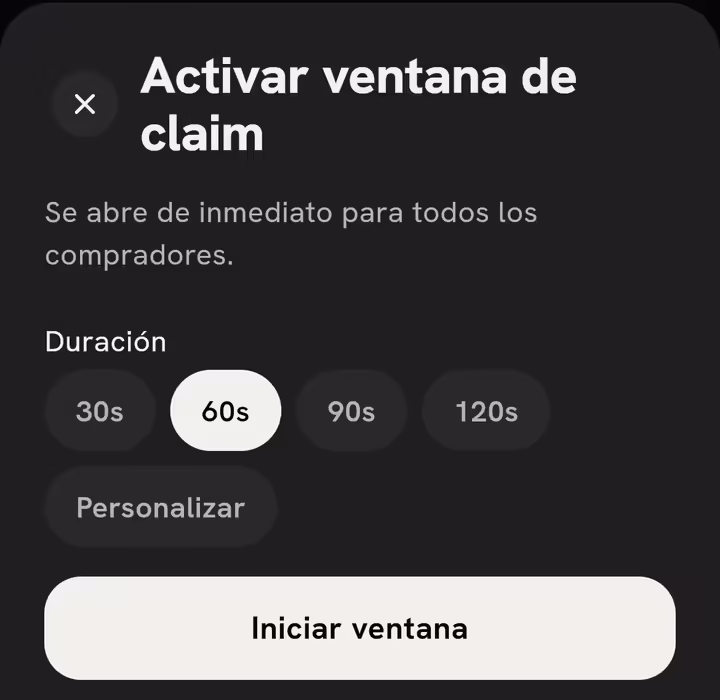 Hoja Activar ventana de claim con Duración e Iniciar ventana