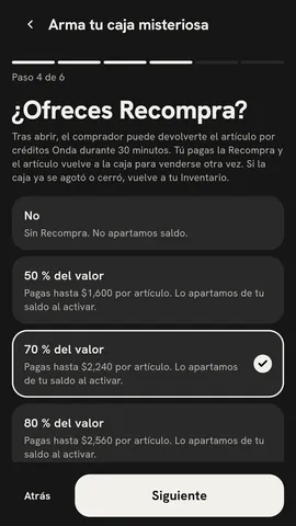 Pantalla «¿Ofreces Recompra?» con No, 50, 70 y 80 % del valor.