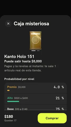Pantalla de la app: la caja con su precio, «Probabilidad por nivel» y el botón «Comprar».
