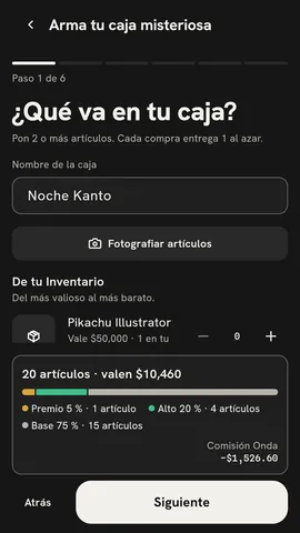 Pantalla «Arma tu caja misteriosa», paso 1 de 6: elegir artículos.