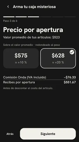 Pantalla de la app «Precio por apertura» con las opciones +10 % y +20 %.