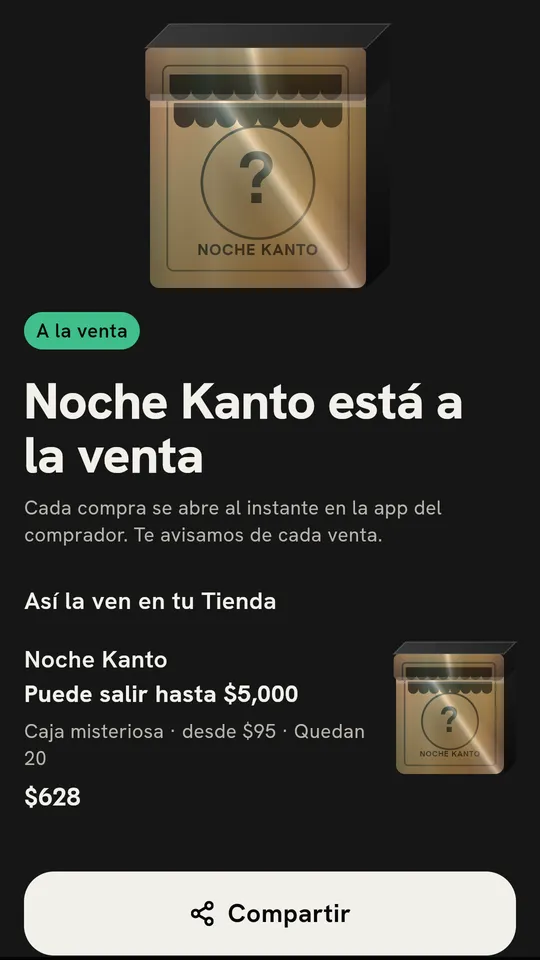 Pantalla de la app «Noche Kanto está a la venta»: la caja con su empaque, como la ven en tu Tienda.
