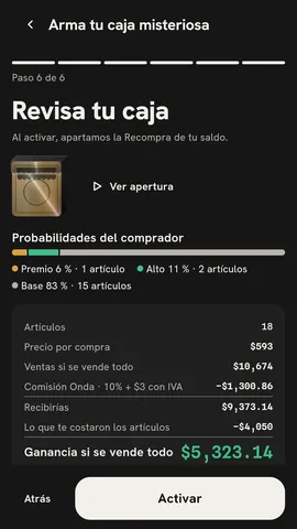 Pantalla de la app «Revisa tu caja»: precio por compra, comisión, lo que recibes y «Ganancia si se vende todo».