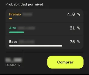 Grabación de la app: «Probabilidad por nivel» con Premio, Alto y Base, y el botón «Comprar». Montos difuminados.