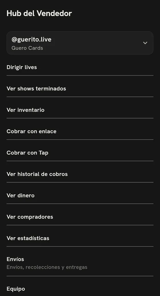 Hub del Vendedor con la opción Equipo, con datos de ejemplo.