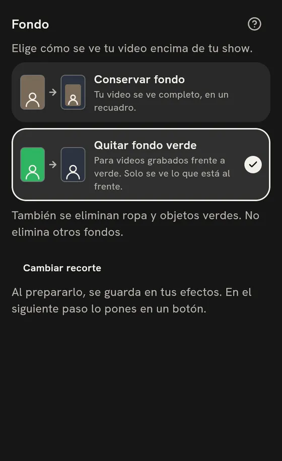 Pantalla de la app con la opción Quitar fondo verde.