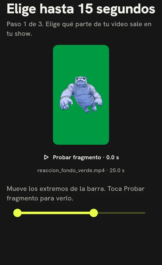 Pantalla de la app para recortar el efecto a 15 segundos.