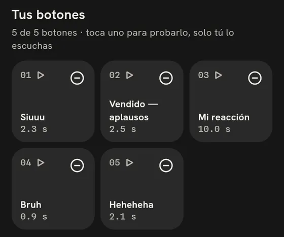 Pantalla de la app: Tus botones, 5 de 5.
